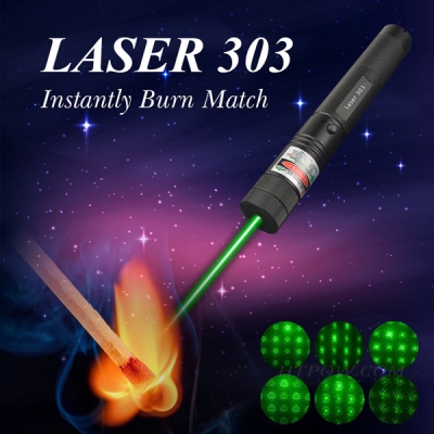 303 300mW Green Laser Pointer 532nm Visible Beam Light Burns Match with 5 Patterns Caps For Astronomy